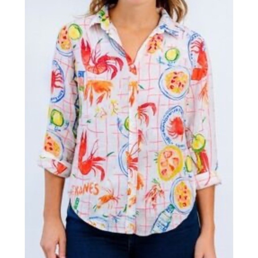Calypso St Barth Button Top Womens White Orange Crab Feast‎ Linen Blend Beachy M